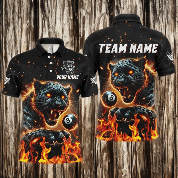 Personalized Panther Fire Flame 8 Ball Billiard Shirts For Men Custom Billiard League Team Jerseys TDM3092
