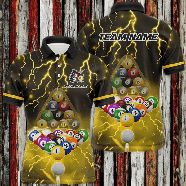 Thunder Lightning Storm Custom 3D Billiard Shirts For Men, Billiard Balls Team Jerseys | Yellow TDM3047