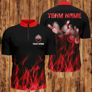 Personalized Men Quarter Zip Bowling Shirt Red Flame Bowling Ball and Pins bowling jerseys for Bowler NQS5488