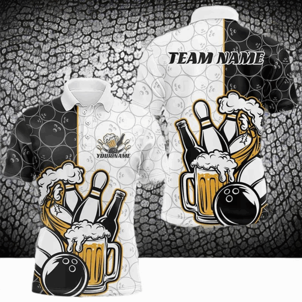 Custom Funny Bowling And Beer Team Bowling Polo Shirts For Men, Bowling Pattern Shirt IPHW8891