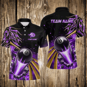 Flaming 8 Ball Pool Crack Billiard Shirts For Men Custom Pool Billiard Shirt Team Jerseys |Purple TDM3045
