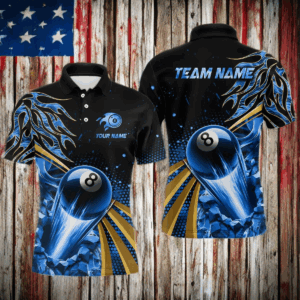Flaming 8 Ball Pool Crack Billiard Shirts For Men Custom Pool Billiard Shirt Team Jerseys |Blue TDM3044