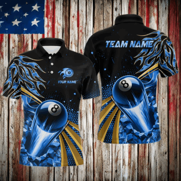 Flaming 8 Ball Pool Crack Billiard Shirts For Men Custom Pool Billiard Shirt Team Jerseys |Blue TDM3044