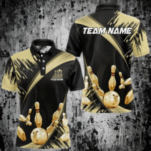 Personalized Black and Gold Bowling Polo, Quarter Zip Shirts For Mens Custom Bowling Team Jersey NQS9531