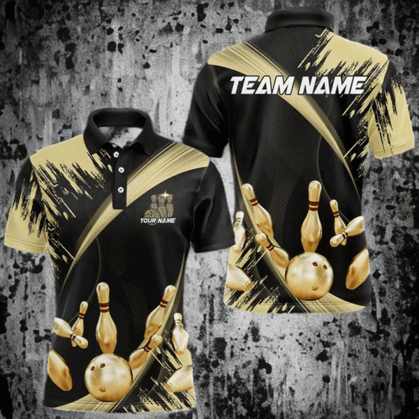 Personalized Black and Gold Bowling Polo, Quarter Zip Shirts For Mens Custom Bowling Team Jersey NQS9531