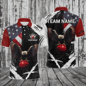 US Flag Eagle Custom Name Bowling Team Shirts For Men Bowling League Polo & 1/4 Zip Shirt HNT06