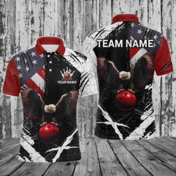 US Flag Eagle Custom Name Bowling Team Shirts For Men Bowling League Polo & 1/4 Zip Shirt HNT06