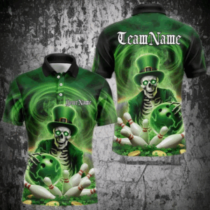 Custom Green St Patricks Day Skull Bowling Polo Shirts For Men, Shamrock Bowling Shirt IPHW8377