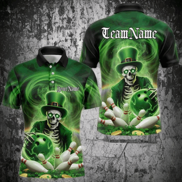 Custom Green St Patricks Day Skull Bowling Polo Shirts For Men, Shamrock Bowling Shirt IPHW8377