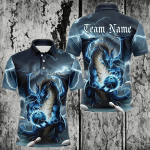 Blue Thunder Lightning Custom Dragon Bowling Polo Shirts For Men, Bowling Team Uniform IPHW8253