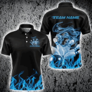 Custom Black And Blue Flame Bowling Polo Shirts For Men, Blue Smoke Bowling Team Shirt IPHW8059