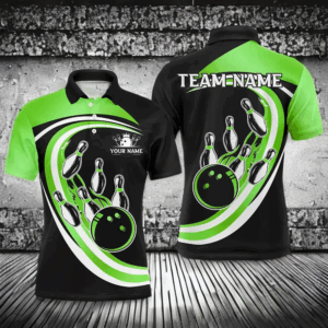 Black and Green Bowling Polo, 1/4 Zip Shirt For Men Custom Bowling Team League Jersey, Gift For Bowler NQS9043