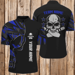 Bowling Quarter Zip shirts for men custom name and team name Skull Bowling, team bowling shirts | Blue NQS4553