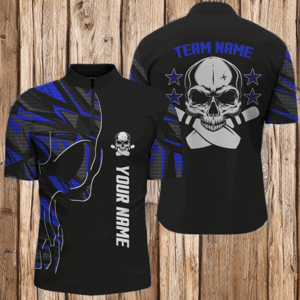 Bowling Quarter Zip shirts for men custom name and team name Skull Bowling, team bowling shirts | Blue NQS4553