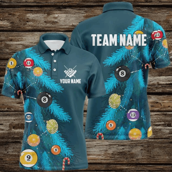 Personalized Christmas Pine Tree Decorated With Billiard Balls Shirt For Men, Xmas Billiard Jerseys TDM3011
