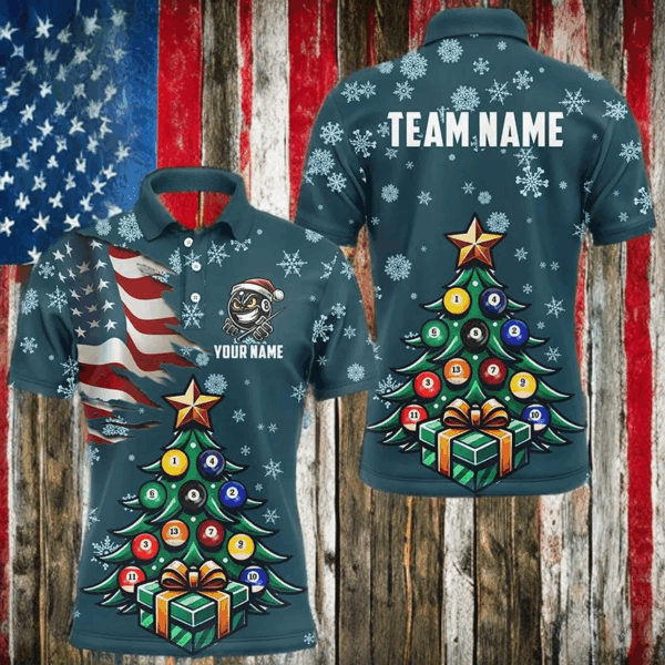 Personalized Christmas Billiard Shirts For Men Custom US Flag Christmas Pine Tree Billiard Jerseys TDM3010
