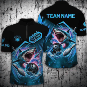 Personalized Black and Blue Angry Shark Bowling shirt for Men Custom Team's Name Bowler Jersey NQS8845