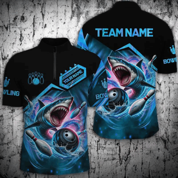 Personalized Black and Blue Angry Shark Bowling shirt for Men Custom Team's Name Bowler Jersey NQS8845