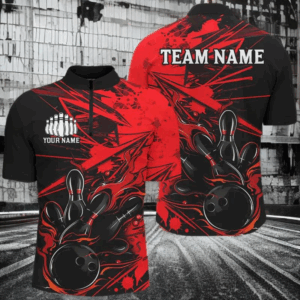 Black And Red Custom Flame Bowling Shirts For Men, Bowling Team Uniform Bowler Outfits IPHW7692
