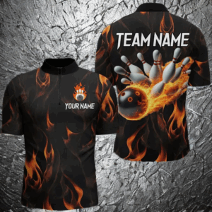 Custom Men Flame Bowling Shirts Bowling Team Jersey 1/4 Zip Bowling Peformance QZT479
