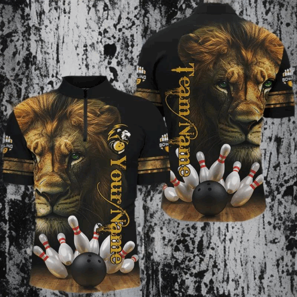 Lion Bowling Polo, Quarter Zip Shirts For Men Custom Bowling League Shirt Bowling Team Jerseys Outfits NQS8561