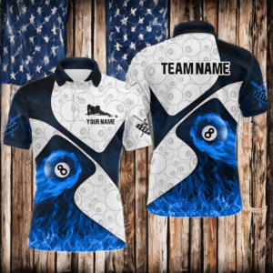 Fire Flame 8 Ball Pool Pattern Custom Billiard Polo & Quarter-Zip For Men, Billiard Jerseys |Blue TDM2997