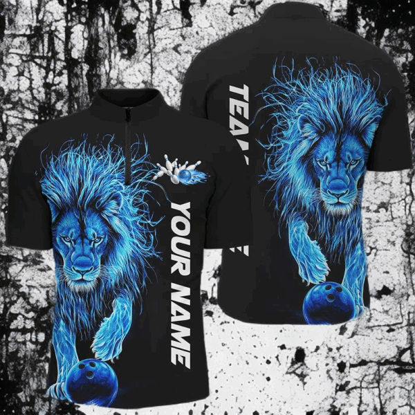 Blue Lion Custom Bowling Short Sleeve Shirts For Men, Lion Bowling Team Shirt Bowler Outfits IPHW7527