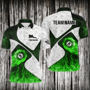 Fire Flame 8 Ball Pool Pattern Custom Billiard Polo & Quarter-Zip For Men, Billiard Jerseys |Green TDM2995