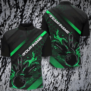Custom Black And Green Flame Bowling Shirts For Men, Bowling Team Bowling League Shirts IPHW7506