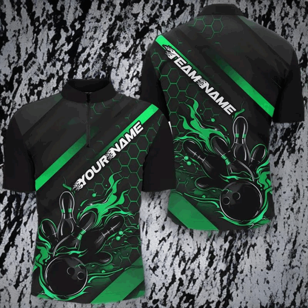 Custom Black And Green Flame Bowling Shirts For Men, Bowling Team Bowling League Shirts IPHW7506