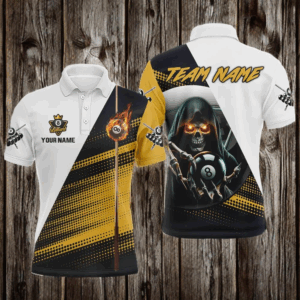 Personalized Death Skeleton 8 Ball Pool Billiard Shirts For Men, Scary Billiard Jerseys |Yellow TDM2994