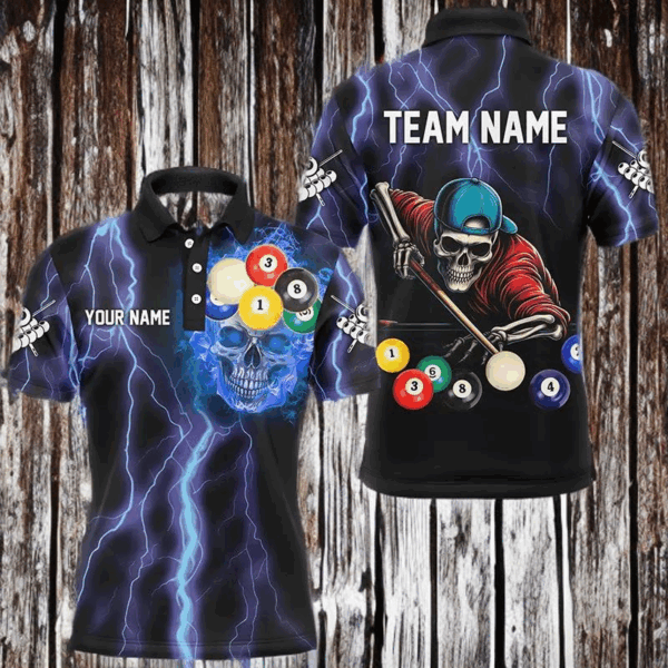 Personalized Thunder Lightning Blue Skull Men Billiard Shirts, Skeleton Billiard Balls Pool Jerseys TDM2993