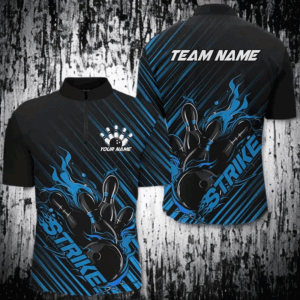 Custom Black And Blue Flame Bowling Shirts For Men, Strike Bowling Team Shirts Outfit Bowling IPHW7320