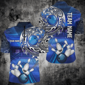 Personalized Blue tribal pattern custom bowling Polo, 1/4 zip shirts for men, cool bowling jerseys NQS8339
