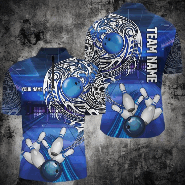 Personalized Blue tribal pattern custom bowling Polo, 1/4 zip shirts for men, cool bowling jerseys NQS8339