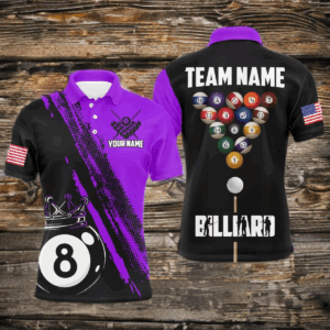 Personalized 8 Ball Pool Crown Billiard Jerseys Polo & 1/4 Zip For Men, Billiard Team Shirts| Purple TDM2991