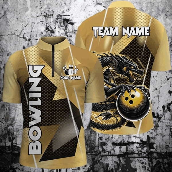 Black And Gold Custom Dragon Bowling Shirts For Men, Dragon Bowling Team Shirts NQS8233
