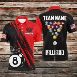 Personalized 8 Ball Pool Crown Billiard Jerseys Polo & 1/4 Zip For Men, Billiard Team Shirts| Red TDM2990