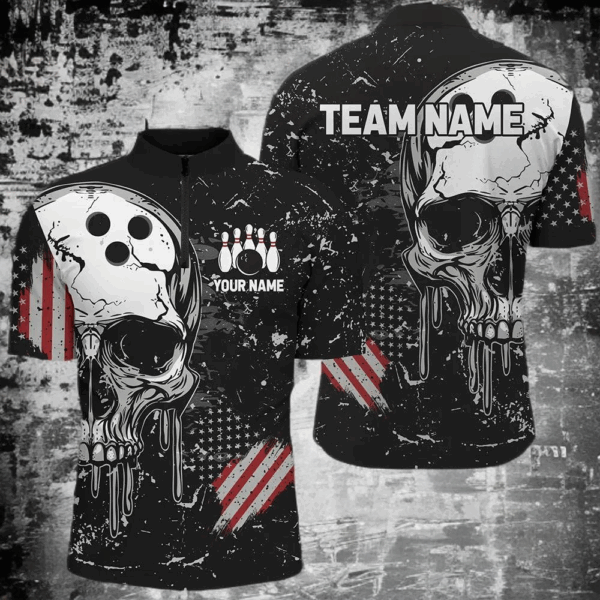 Custom Vintage American Flag Patriotic Bowling Shirts For Men, Skull Bowling Team Shirts IPHW7083