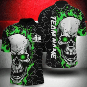 Personalized Skull Bowling Shirt For Men Custom Team'S Name Flame Bowler Jerseys | Green IPHW5008