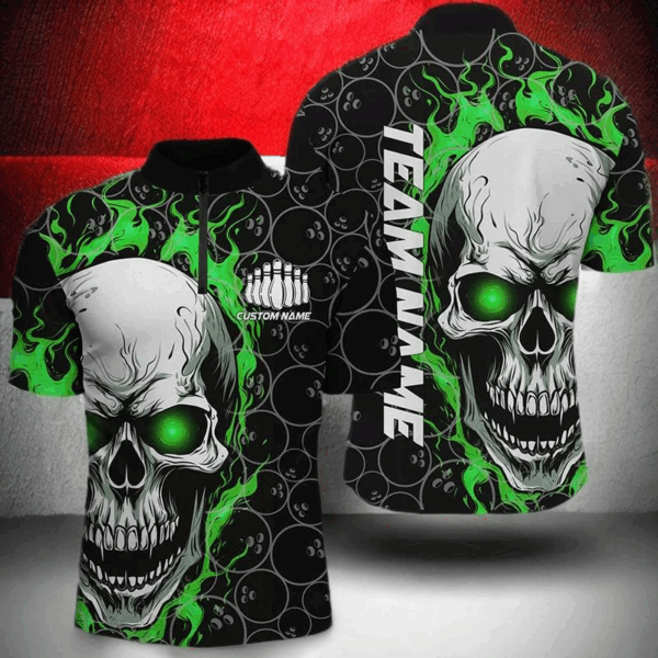 Personalized Skull Bowling Shirt For Men Custom Team'S Name Flame Bowler Jerseys | Green IPHW5008