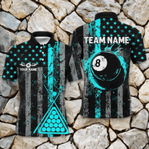 Custom Turquoise Grunge US Flag Patriotic Billiard Shirt For Men Retro 8 Ball Pool Billiard Jersey TDM2936