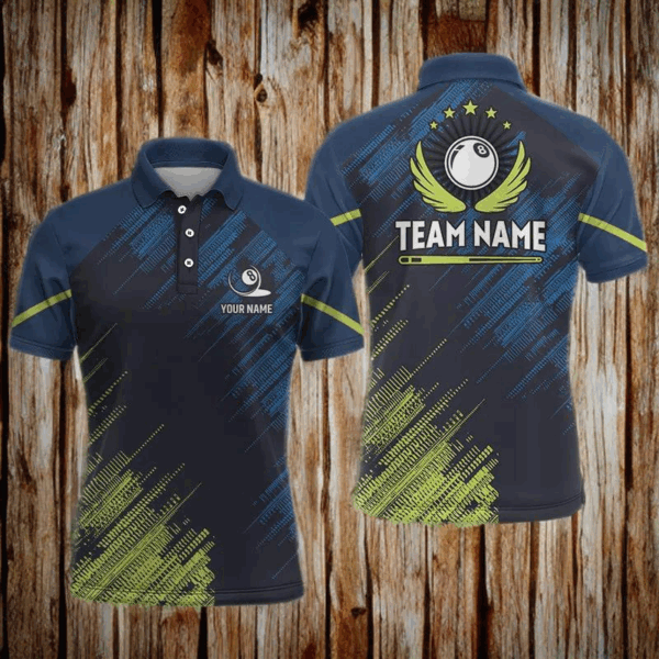 Billiard 8 Ball Green Blue Sports Style Custom Billiard Polo Shirts For Men Pool Billiards Shirts VHM0028