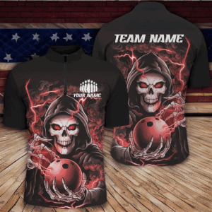 Custom Red Skull Bowling Quarter Zip Shirts For Men, Personalized Halloween Bowling Team Shirts IPHW6803