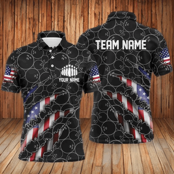 Custom Patriotic Bowling Shirts For Men, American Flag Bowling Uniform Bowlers Outfit | Black IPHW6778