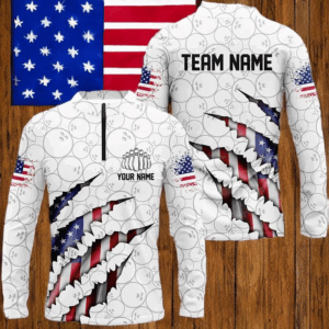 Custom Patriotic Long Sleeve Bowling Shirts For Men, American Flag Usa Bowling League Shirts IPHW5523