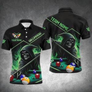 Funny Green Death Skeleton Play Pool Custom 3D Printed Billiard Shirts For Men Billiard Jerseys TDM2967