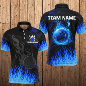 Personalized black and blue Flame bowling Polo, Quarter Zip shirts for Men, custom bowling jerseys NQS7735