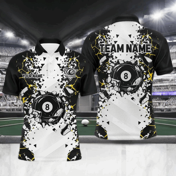 Funny 8 Ball Pool Crack Pattern Custom Men Billiard Polo & 1/4 Zip Shirts, 8 Ball Billiard Jerseys TDM2947