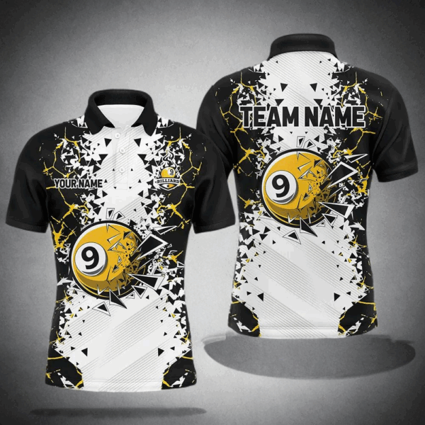 Funny 9 Ball Pool Crack Pattern Custom Men Billiard Polo & 1/4 Zip Shirts, 9 Ball Billiard Jerseys TDM2946